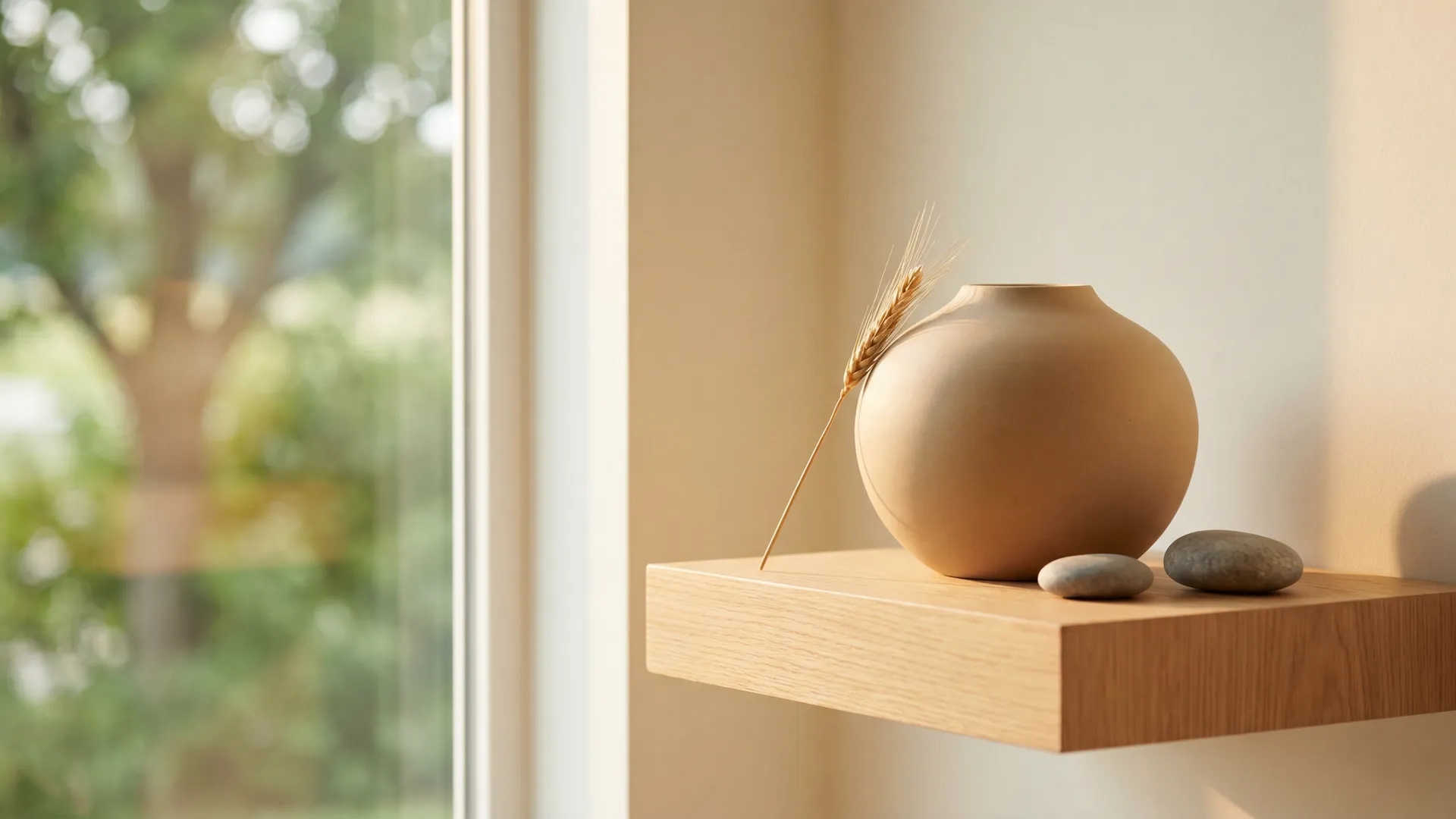 Urne contemporaine en céramique mate posée sur une étagère en bois près d'une fenêtre, avec une tige de fleur séchée et un jardin flou en arrière-plan.
