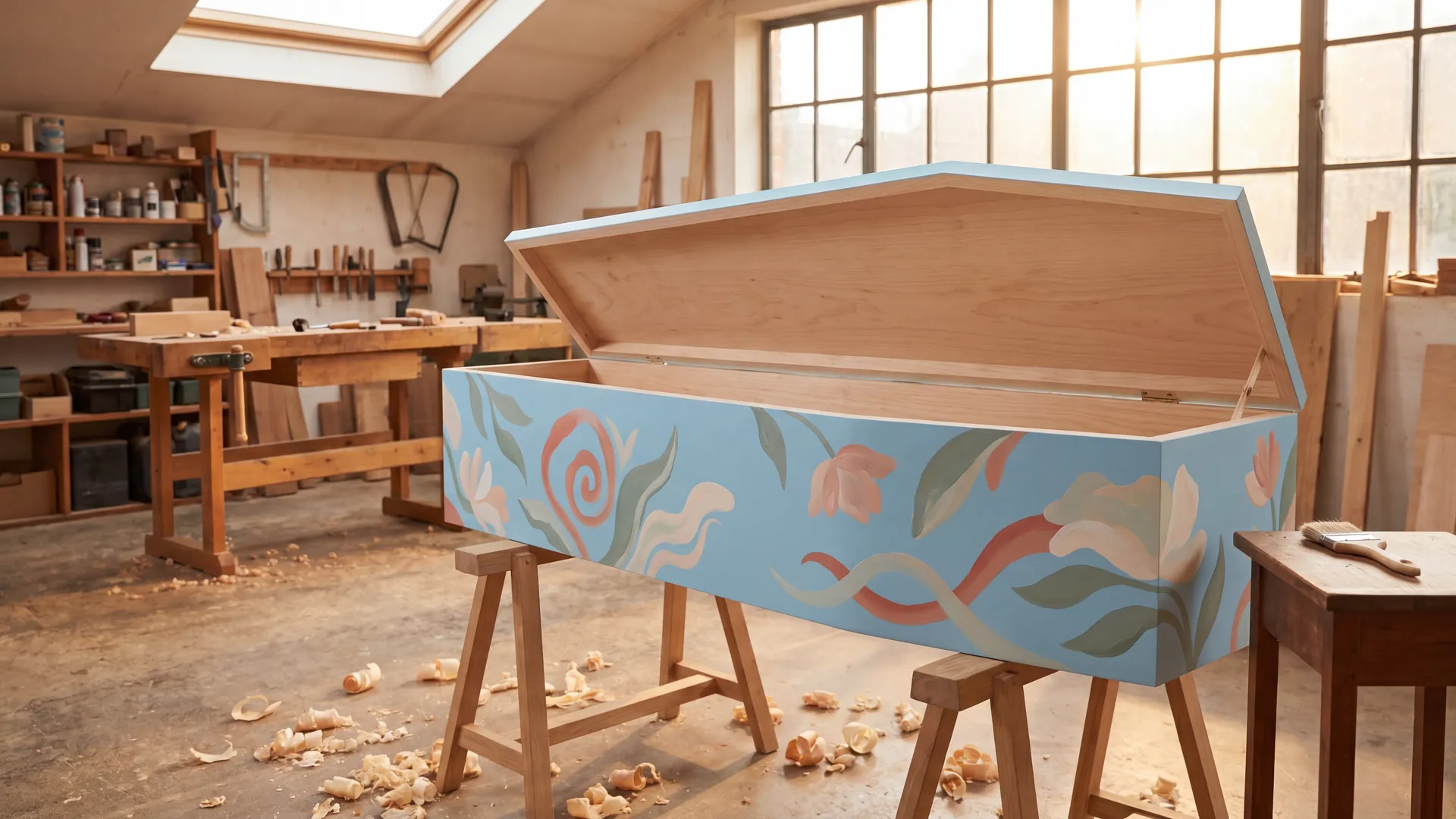 Cercueil contemporain de la gamme Goodbye Funerals : surface peinte bleu ciel avec motifs botaniques abstraits, photographié dans un atelier en lumière douce.
