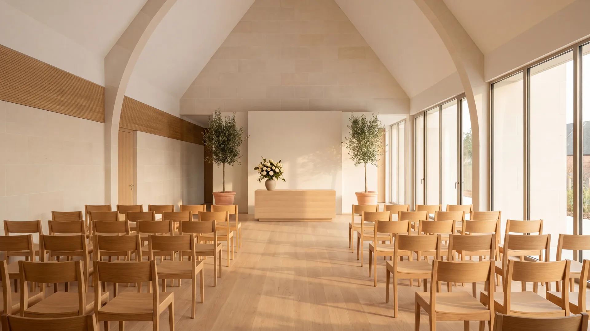 Intérieur lumineux et contemporain d'une salle de crématorium : grande baie vitrée, bois clair, chaises sobres orientées vers un point focal en lumière du matin.