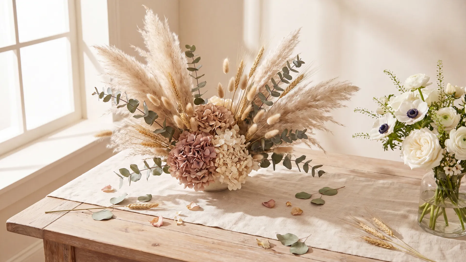 Composition de fleurs séchées (eucalyptus, blé, pampa, hortensia pâle) sur un chemin de table en lin, avec un petit bouquet de fleurs fraîches en arrière-plan.