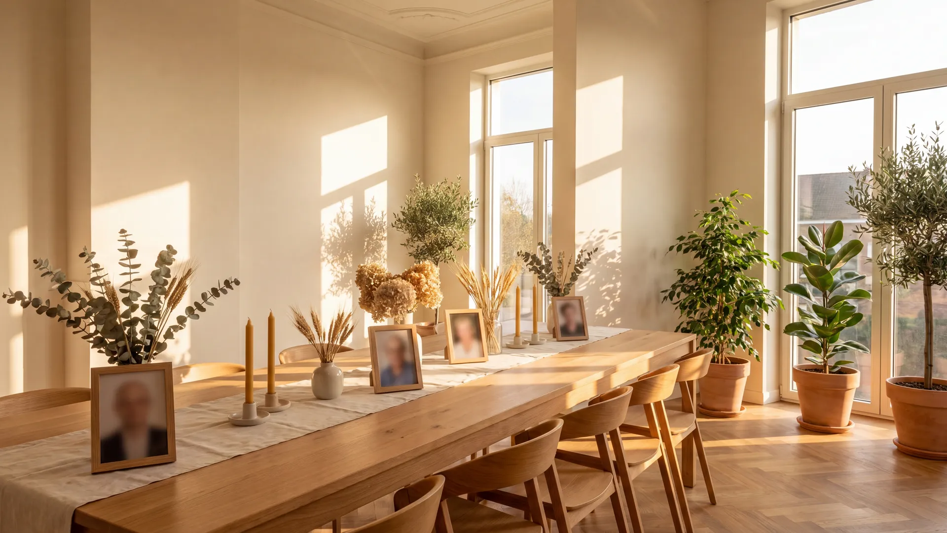 Espace de réception lumineux à Bruxelles : longue table en bois, fleurs séchées, photographies encadrées et chaises disposées pour une cérémonie d'hommage chaleureuse.