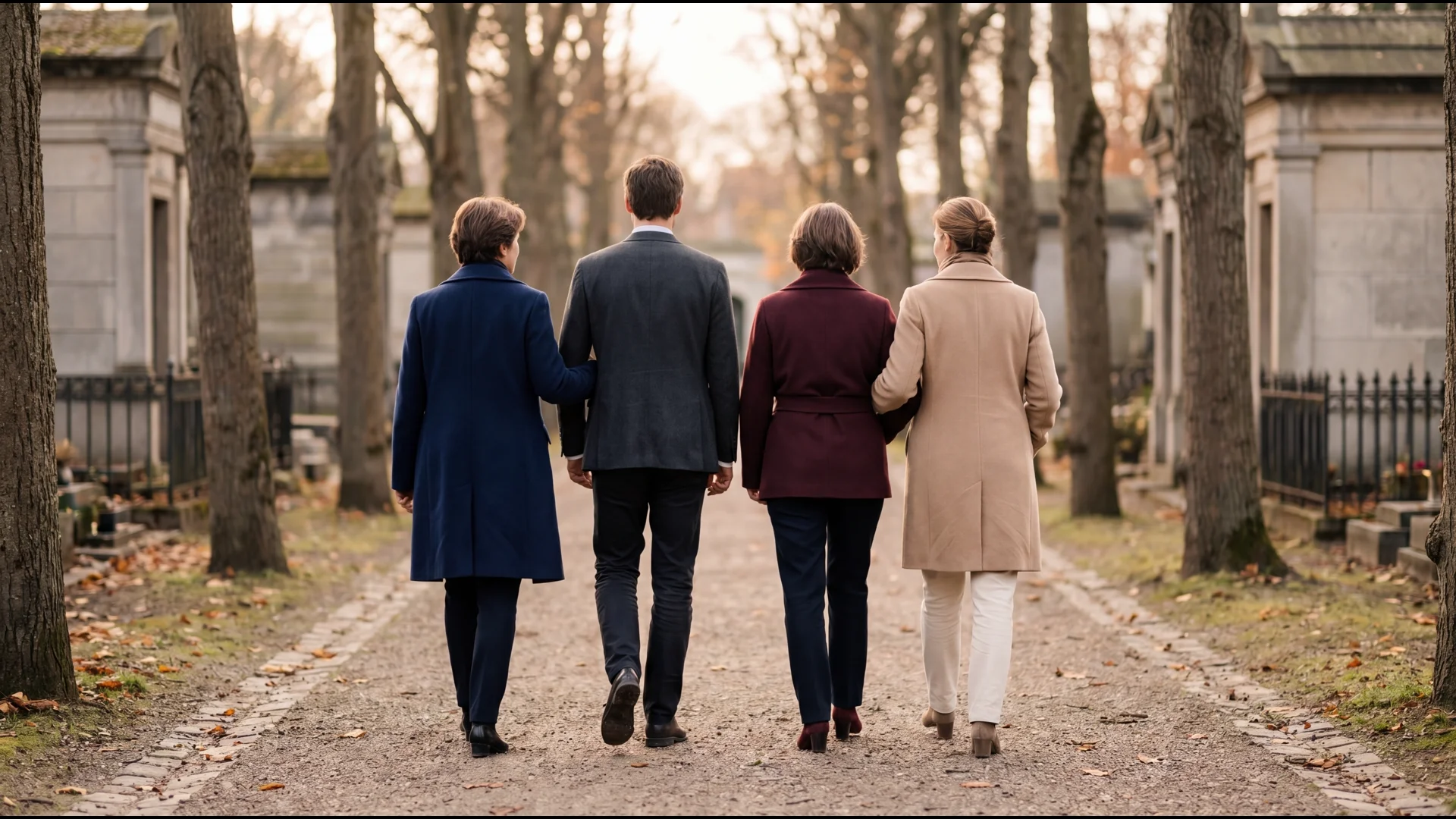 Petit groupe d'adultes vêtus de tons sobres (marine, anthracite, bordeaux, beige) réunis sur un chemin pavé à Bruxelles pour une cérémonie funéraire discrète.